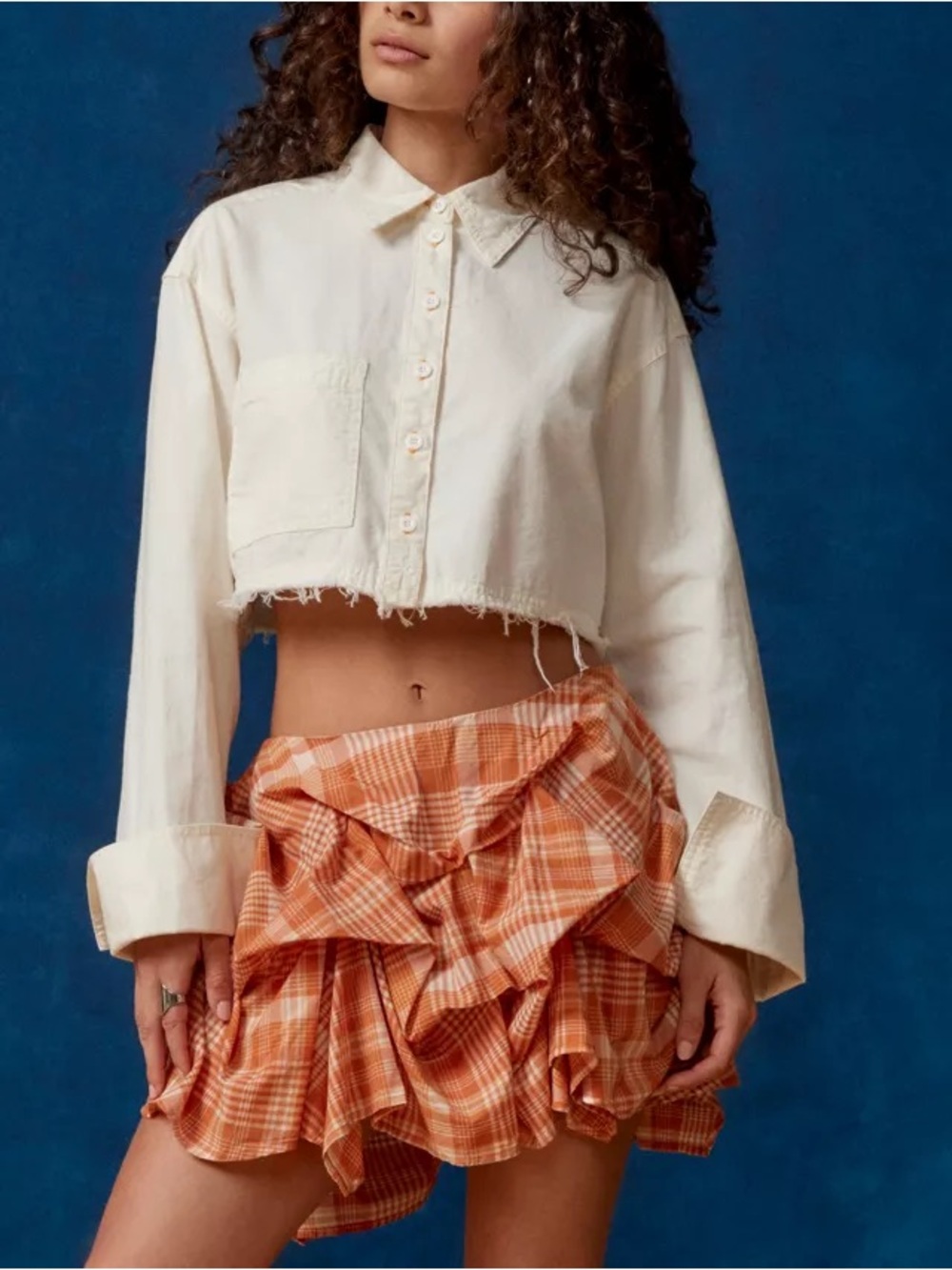 URBAN OUTFITTERS BDG Blue Plaid Anna Ruched Bubble Mini Skirt - Picture 4 of 8